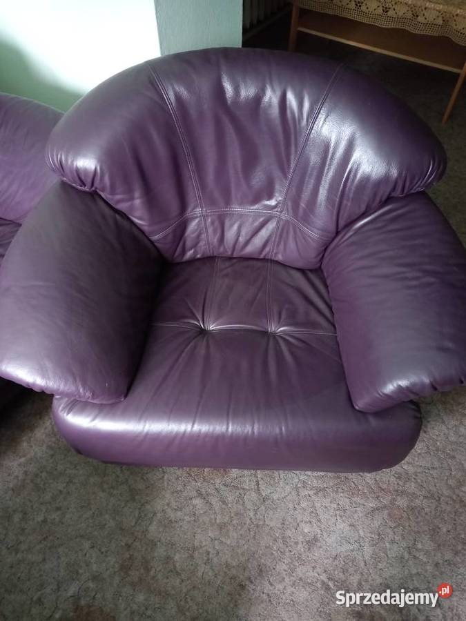 Sofa i dwa fotele skórzane fioletowe
