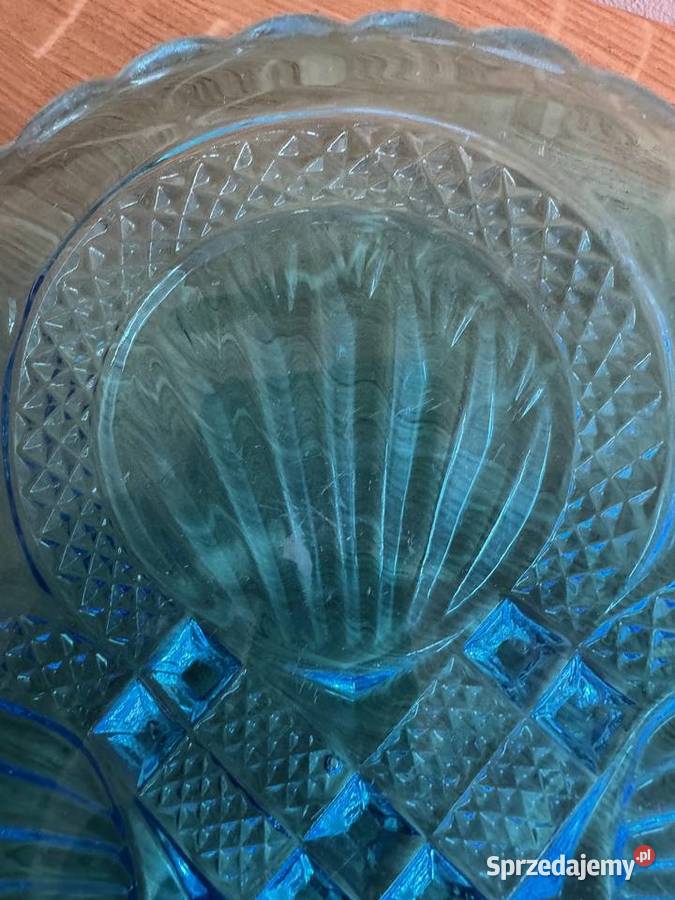 Talerz patera HSG Ząbkowice szkło turkus wzór Dąbie