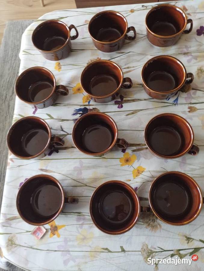 PRL filiżanki Pruszków porcelit etykieta 12 brązowy Łódź sprzedam