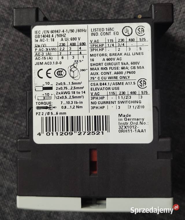 stycznik SIEMENS 3RT10151AP01 230VAC 7A Łódź