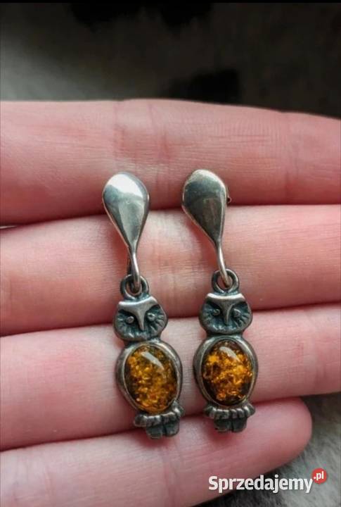 Srebrne kolczyki sowy z bursztynem Gdańsk sprzedam