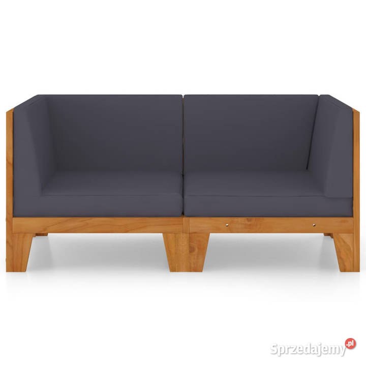 2osobowa sofa z ciemnoszarymi poduszkami drewno Zestawy mebli ogrodowych Warszawa