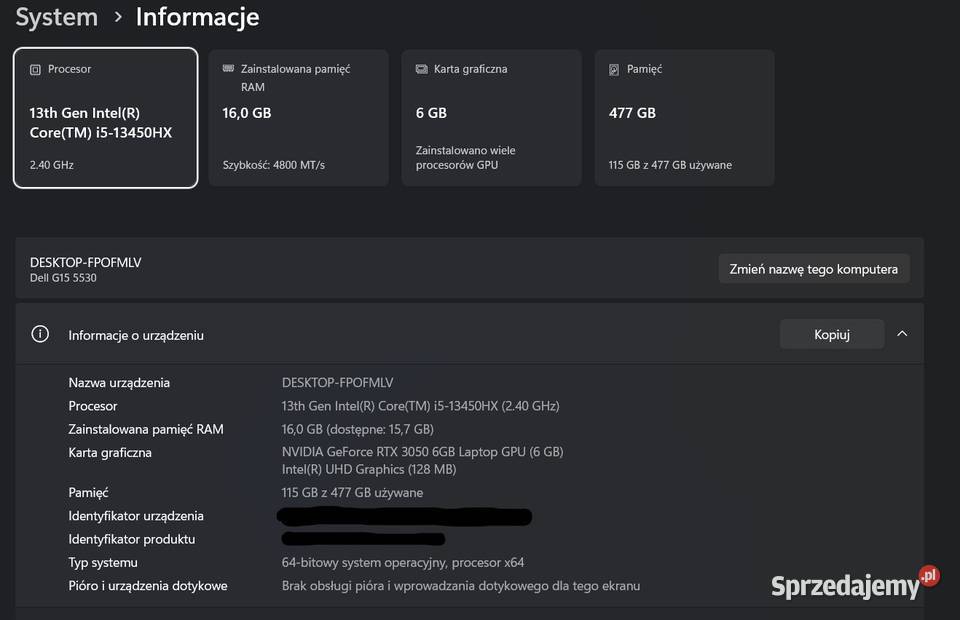 Laptop gamingowy DELL G15 5530 156 i513450HX 15-15.9" Przemyśl