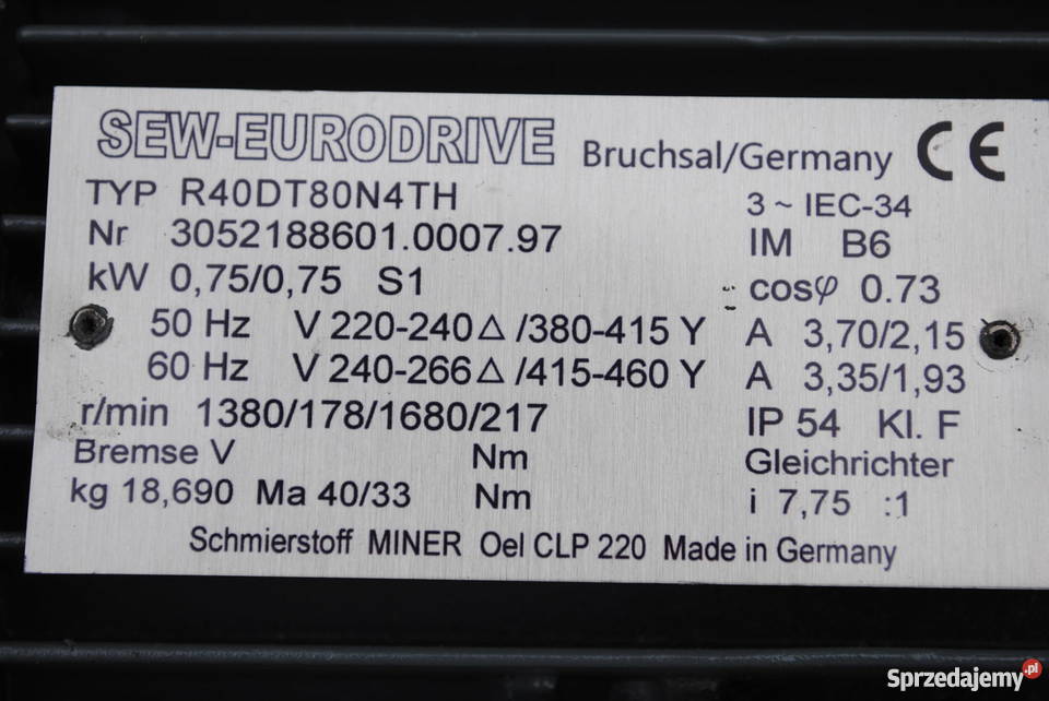 Motoreduktor 075kw 178obrmin Firmy SEW Pozostałe Kargowa