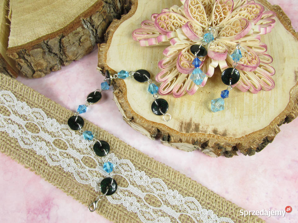 Bransoletka kolczyki zestaw guziki zielony złoty Katowice