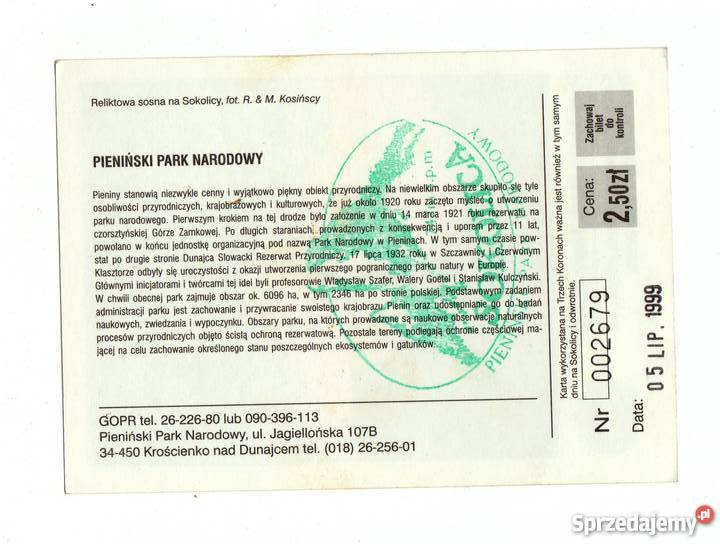 PIENINY POCZTÓWKA BILET KARTA WSTĘPU Pocztówki i karty telefoniczne świętokrzyskie