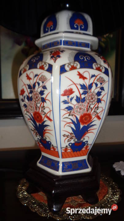 lampka ceramiczna w czerono kobaltowy wzór Mielnica Duża