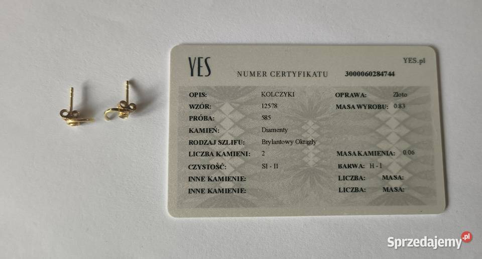 Kolczyki Yes złoto 585 z diamentami certyfikat Kolczyki sprzedam