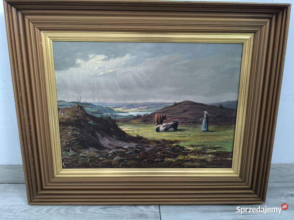 Piękny obraz olejny scena rodzajowa sygnowany Łódź