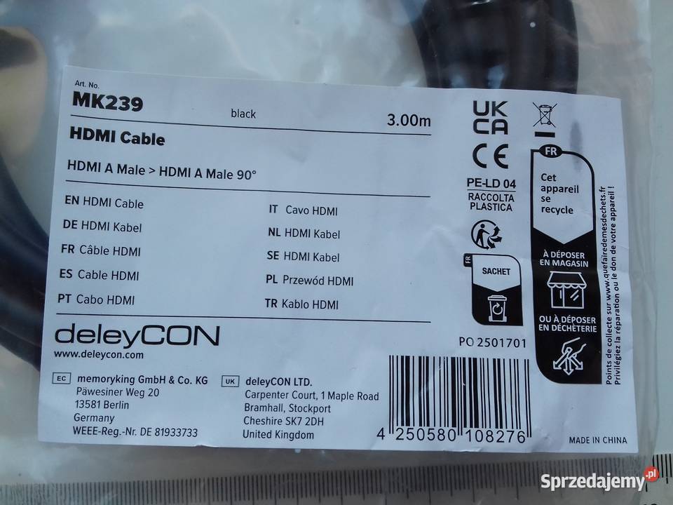 Kabel deleyCON HDMIHDMI 3m kąt 90 HDMI20a 14a 4K Bydgoszcz