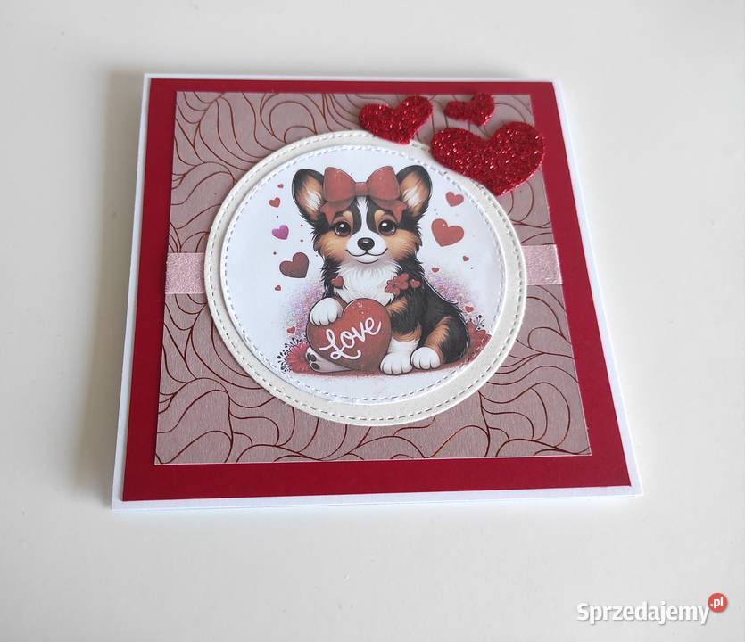Kartka ręcznie robiona na Walentynki z pieskiem Łódź