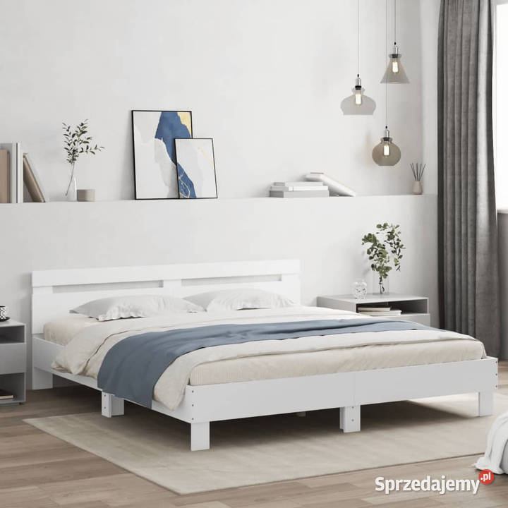 Rama łóżka z wezgłowiem i LED biała 160x200 Łóżka