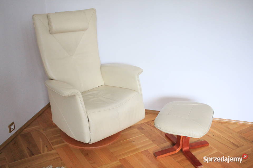 Wygodny fotel - biała skóra, ROZKŁADANY + podnóżek