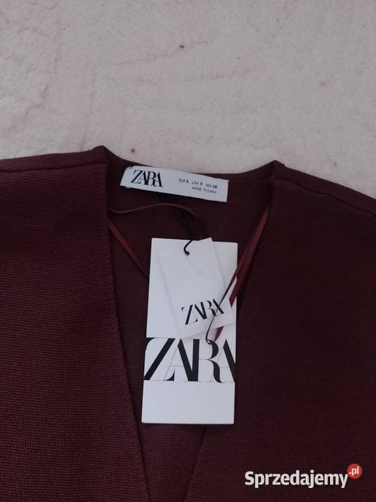 36S ZARA Brązowa Kamizelka dzianinowa z patką z Bez wzoru