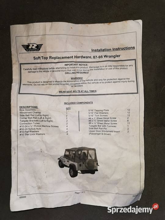 Miękki dach do Jeep Wrangler 8795 Wrocław
