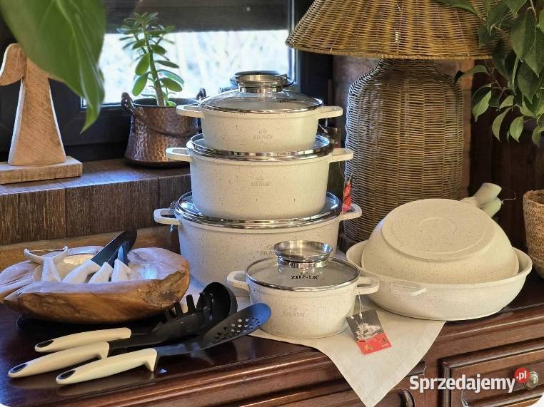 369 Garnki biały marmur 21 elementow Zilner Zabrze