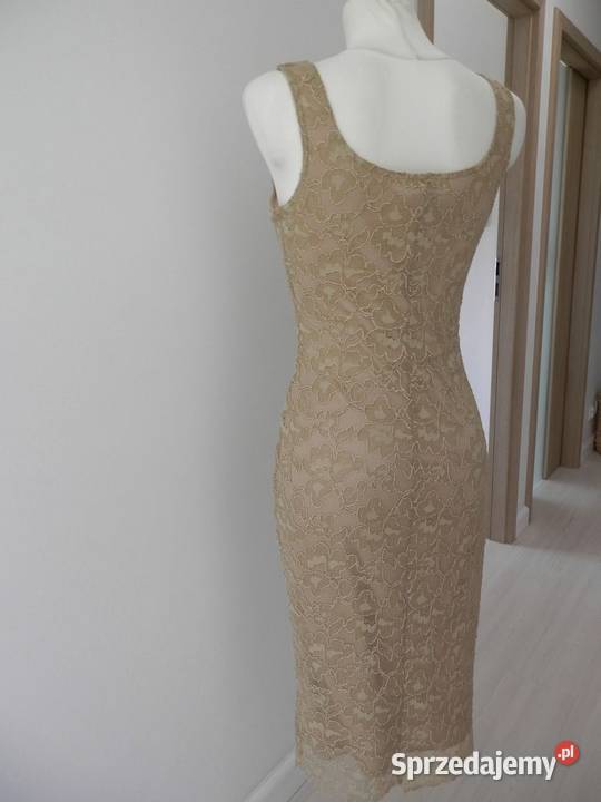 Sukienka Tiulowa Beżowa na Wesele Dopasowana podlaskie Łomża