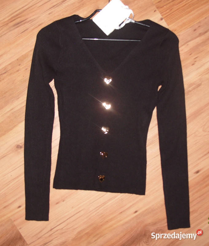 Czarna dopasowana bluzka NOWA prążek guziki Bluzki i koszule Rawicz