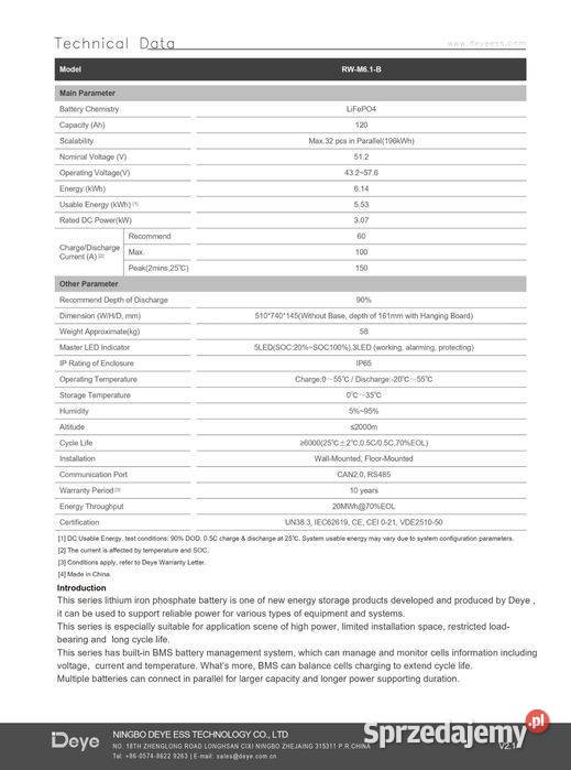 Magazyn energii LiFePO4 LV DEYE RW 614 kWh 4499 sprzedam