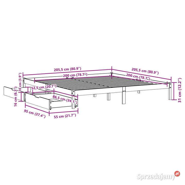 Łóżko bez materaca białe lite drewno sosnowe 31cm