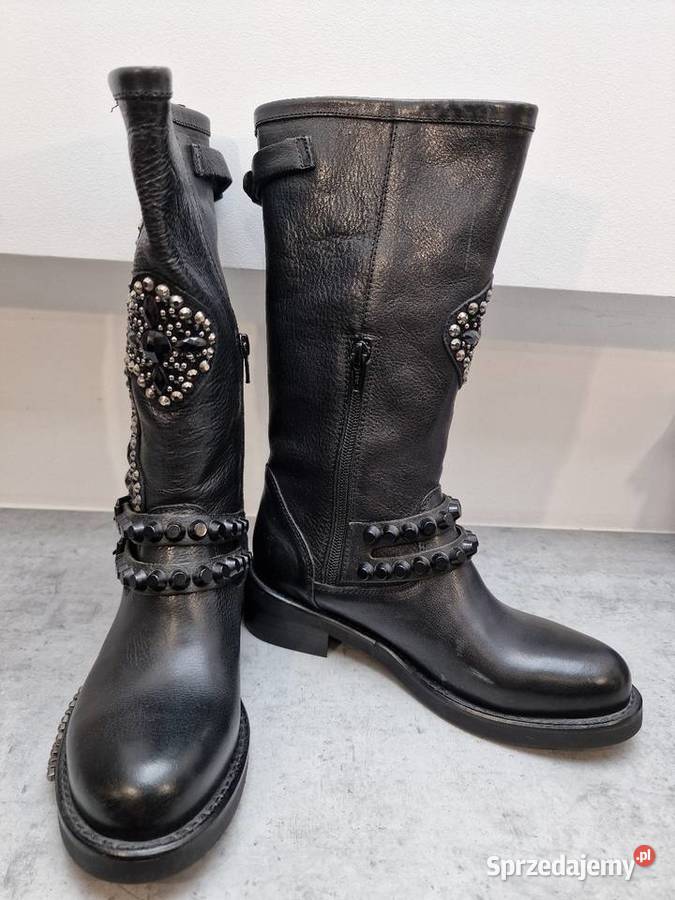 Botki Kozaki Skóra Czarne Kamienie Ćwieki 36 Żywiec