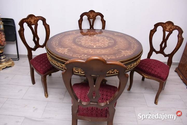 Okrągły Stół 4 Krzesła Intarsje Styl Ludwikowski Kraków
