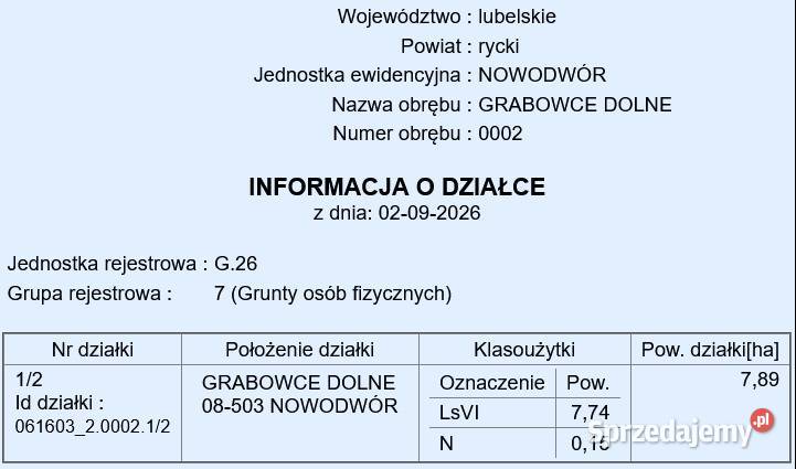 sprzedam LAS Grabowce Dolne powok8ha Ryki