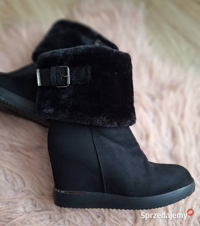 Śliczne botki koturny damskie z futerkiem Jenny czarny małopolskie Kraków sprzedam