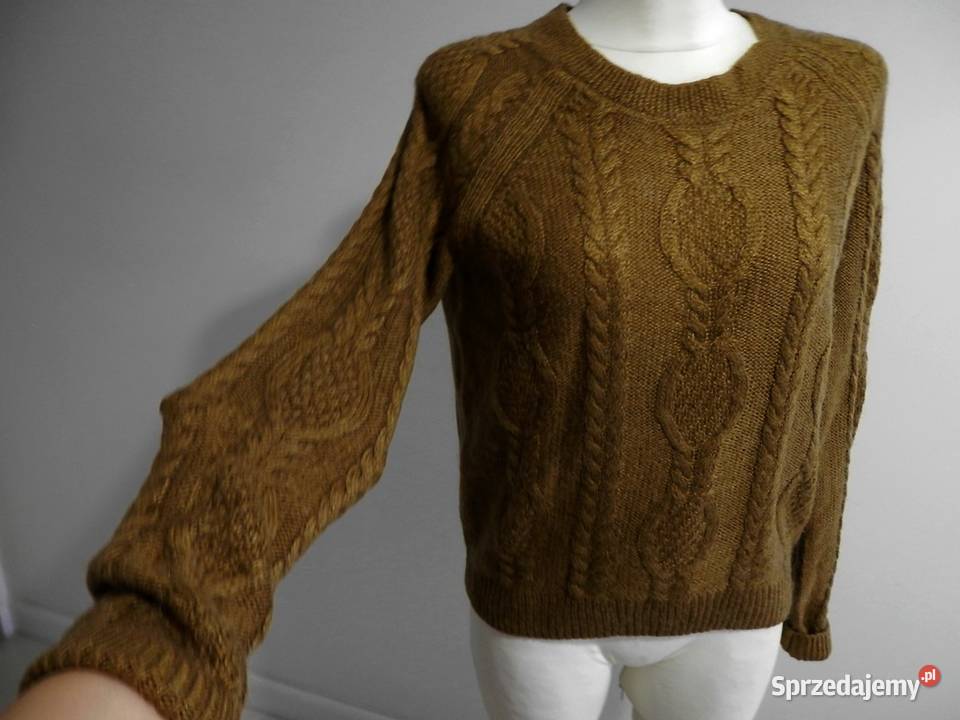 Sweter HM Musztardowy Moherowy Modne Warkocze