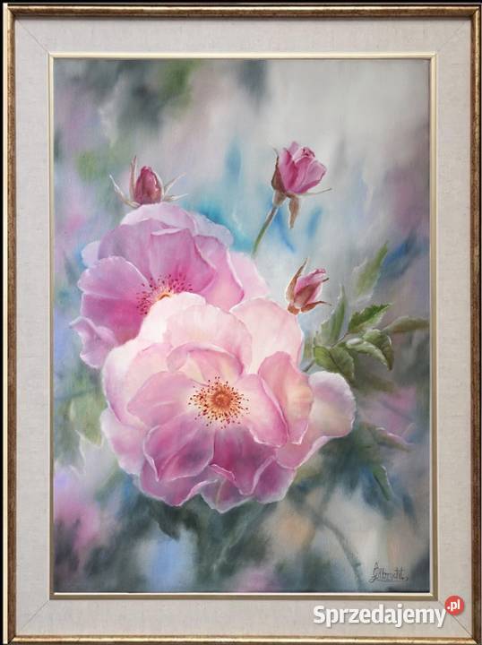 Różowe Róże ręcznie malowany olejny LOlbrycht Malarstwo małopolskie Nowy Sącz