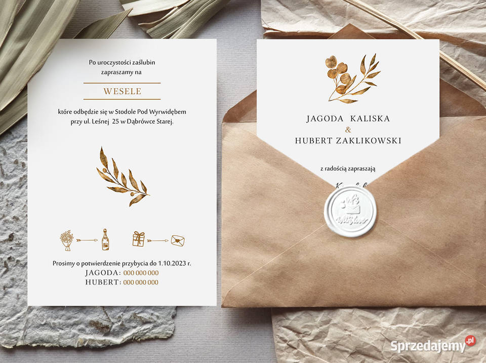 Beżowe boho jednokartkowe zaproszenie ślubne mazowieckie