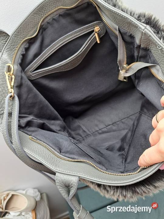 Torebka shopper z futerkiem szaroczarna pojemna Na ramię  Trąbki Wielkie sprzedam