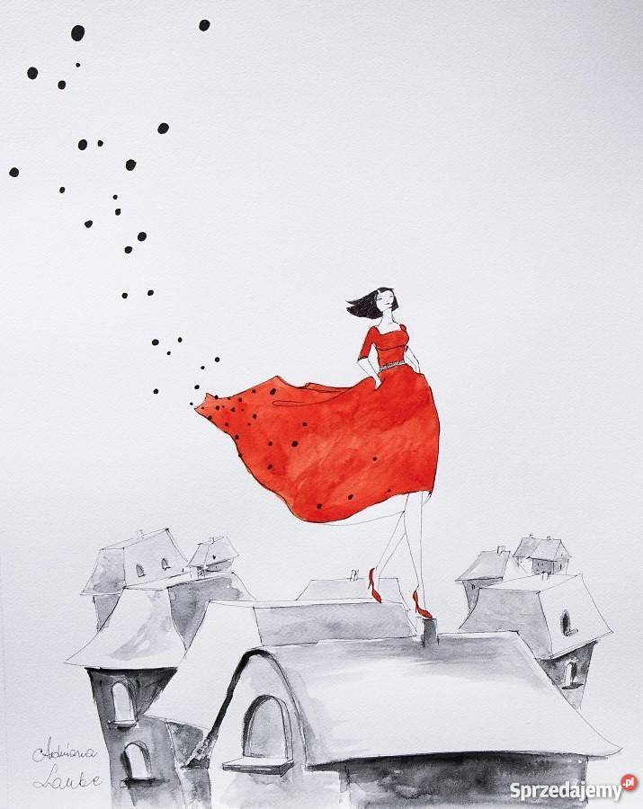 A JA SOBIE SPACERUJĘ akwarela z dodatkiem piórka