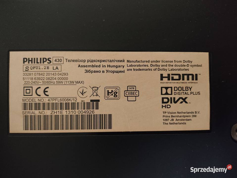 TV Philips 47PFL6008K 47 pętla nie ładuje się mazowieckie