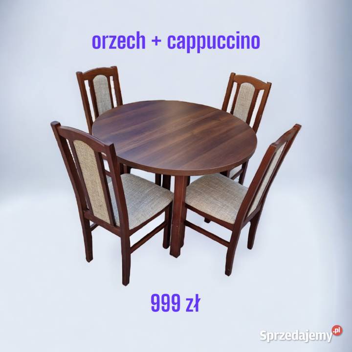 Nowe: Stół okrągły + 4 krzesła, orzech + cappuccino, transPL