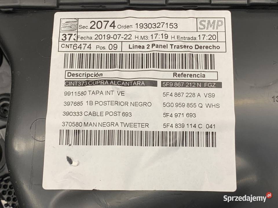 BOCZEK DRZWI PRAWY TYŁ SEAT LEON III Hatchback