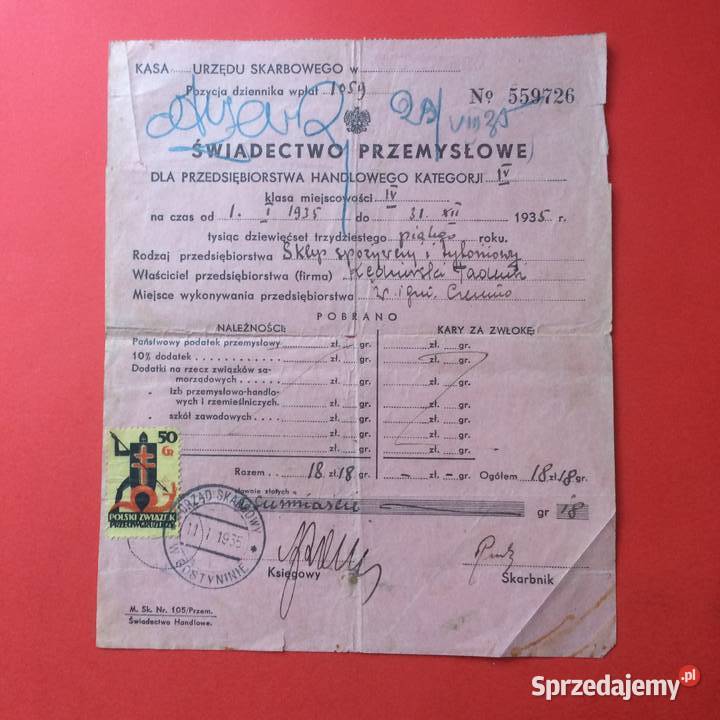 1739 Świadectwo Przemysłowe 2 Kedzierski Antykwariat Szczecin sprzedam
