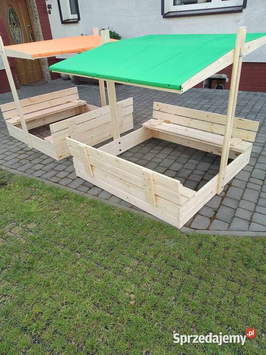 piskownica drewniana 120 x 120 z ławkami i Kalety