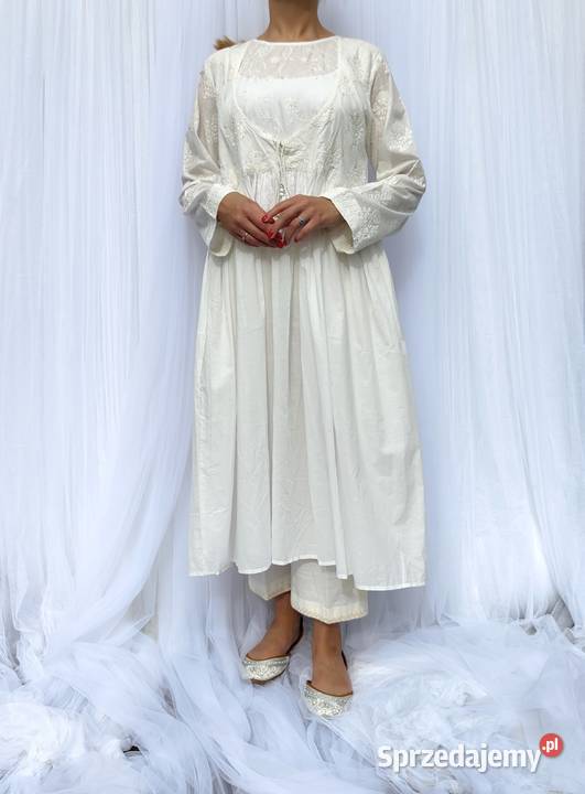 Biała orientalna sukienka XL 42 bawełna haft Spódnice i sukienki