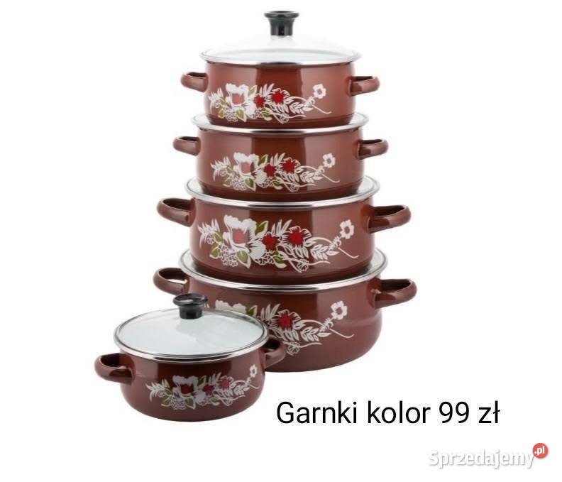 Garnki emaliowane 5 sztuk z pokrywkami rozne