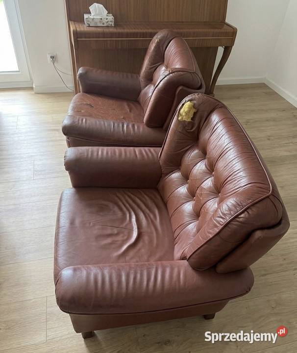 Komplet skóra naturalna sofa i fotele retro Meble Krzyków