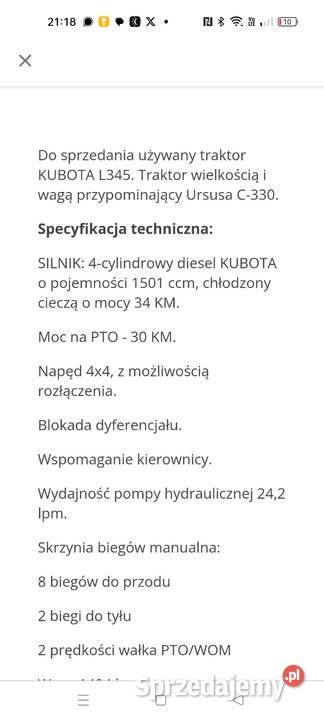 Traktor ciągnik Kubota L345 II DT Skrzynia biegów Manualna Dąbrowa Tarnowska