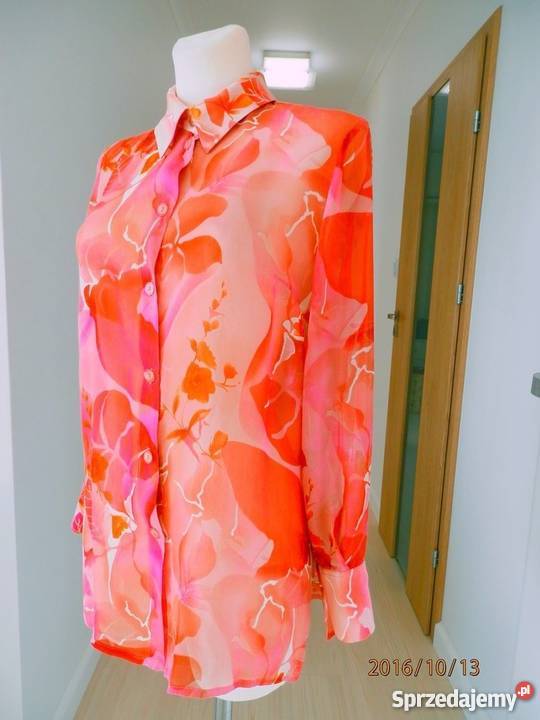 Koszula Bluzka w Różowe Kwiaty Zwiewna Szyfonowa