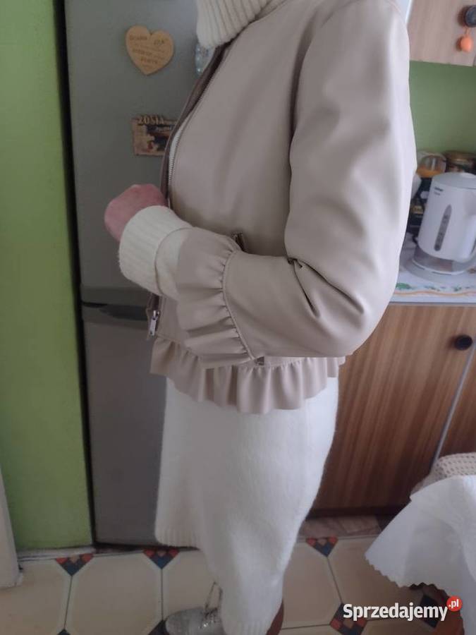 42XL ZARA Beżowa skórzana kurtka ramoneska z