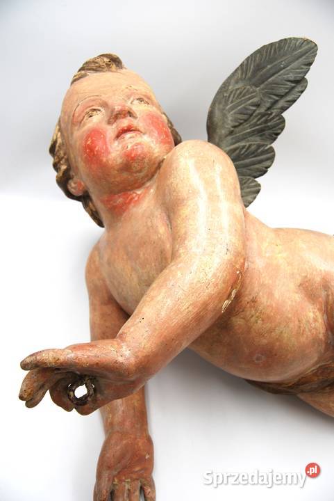 Piękne duże drewniane putto aniołek XVIIIXIX Antyki wielkopolskie Poznań