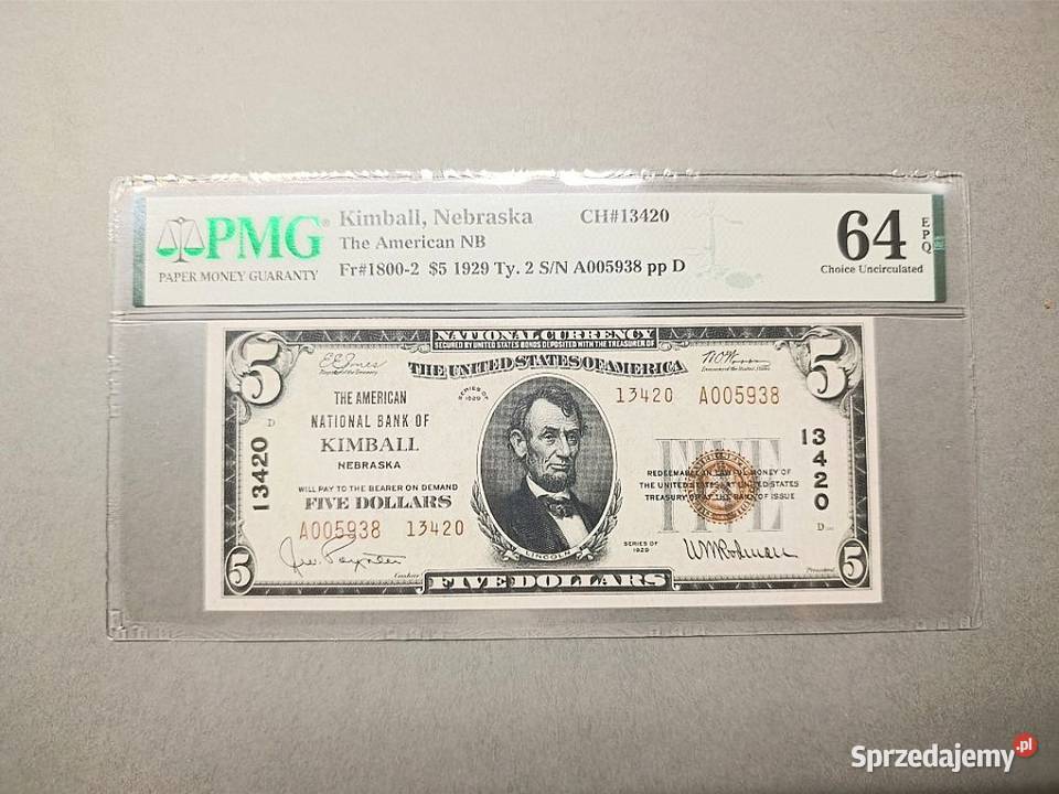 USA 5 Dolarów 1929 r Kimball Nebraska PMG 64 EPQ Węgorzewo