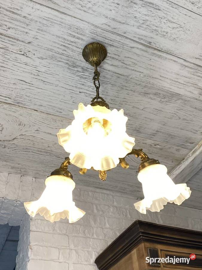Francuski retro Żyrandol mosiądz z kwiatowymi Lampy wiszące Poznań