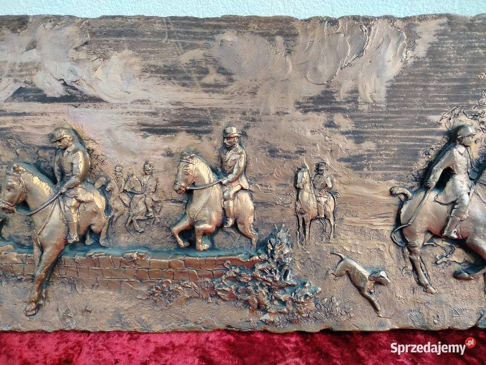 Duza piękna płaskorzeźba polowanie konie małopolskie Kęty