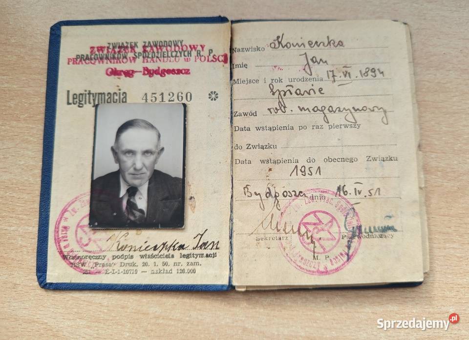 Związkowa Legitymacja Członkowska 1951r Antyki, Sztuka, Kolekcje Nakło nad Notecią