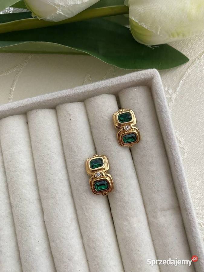 klipsy vintage imitacja szmaragdu złote Klipsy Łódź sprzedam